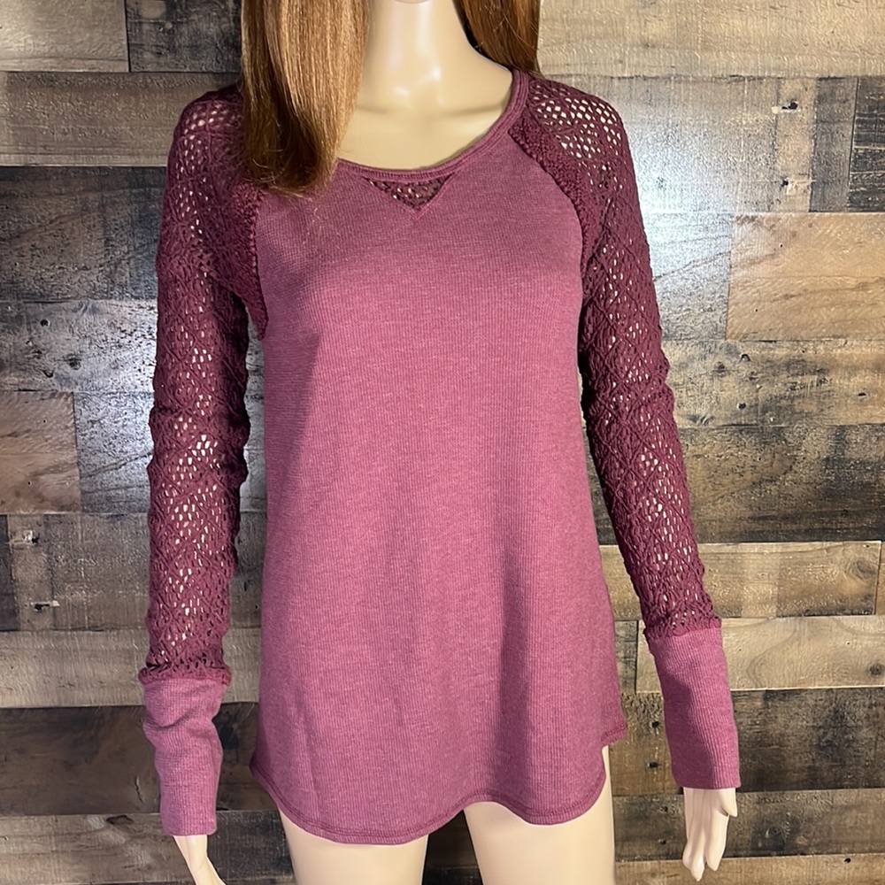 Lucky Brand Mauve Pink Crochet-Sleeve Long-Sleeve Top
